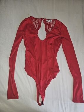 Revamped Red Lace-Trim Long Sleeve Ribbed Bodysuit